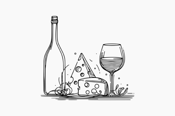 Download Wine and Cheese. Line Drawing. - Wine Collection